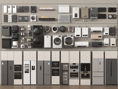 家用电器组合 厨房用品组合 冰箱 洗衣机 空调 热水器su模型