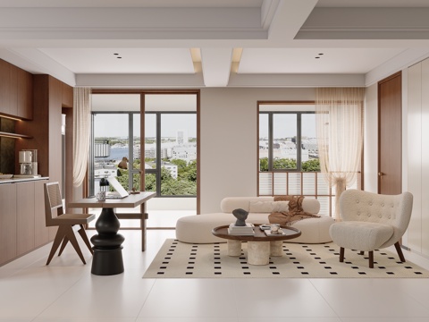  奶油中古客餐厅厨房3d模型 