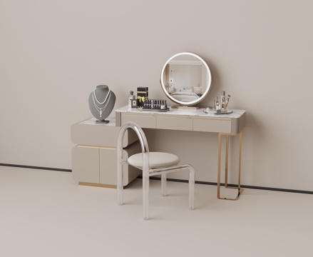 梳妆台 梳妆凳 椅子 首饰 镜子 化妆品su模型