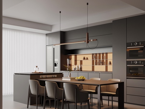 现代餐厅 酒柜 岛台 餐桌椅su模型