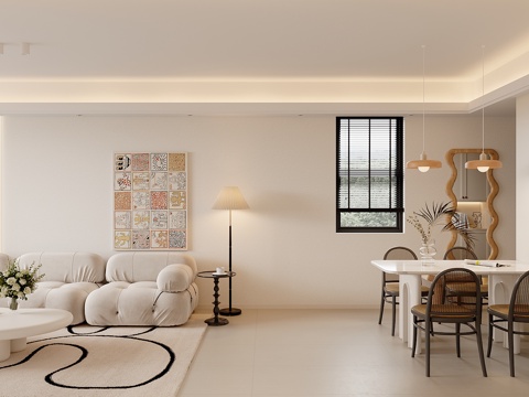  奶油风客厅餐厅3d模型 