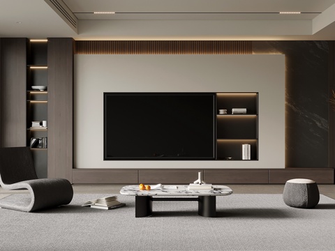  现代简约客厅 电视背景墙 电视柜 沙发茶几组合3d模型 