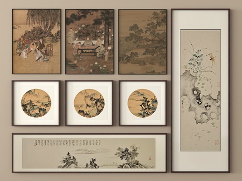 新中式挂画 装饰画 字画 挂画组合su模型
