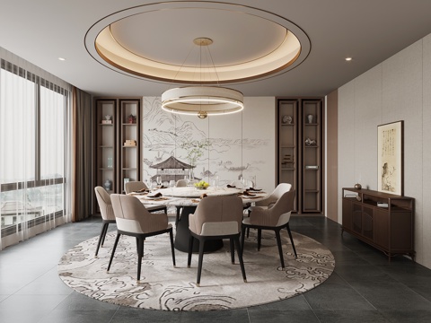 新中式酒店餐厅包房 包间 包厢su模型