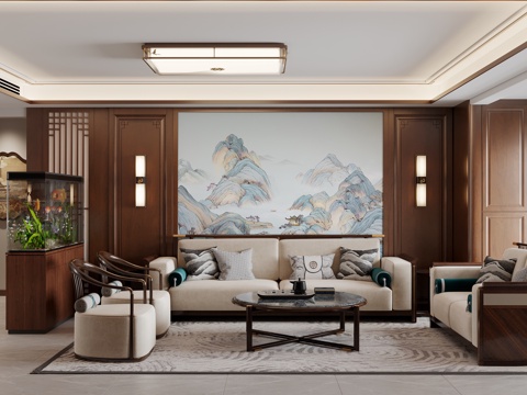  新中式客餐厅 客厅 电视墙 阳台柜3d模型 