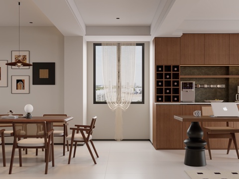  中古风奶油客餐厅3d模型 