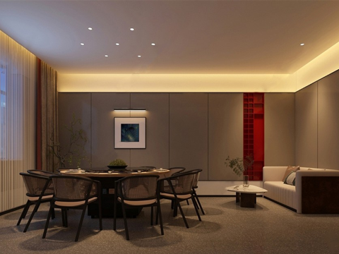 新中式餐厅包厢 酒店包间 餐桌椅su模型