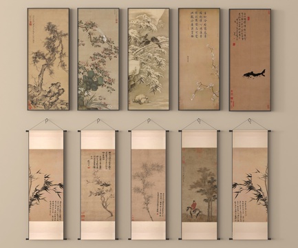 新中式挂画 装饰画 字画 挂画组合su模型