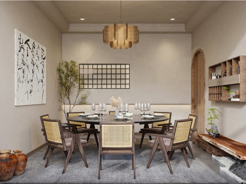 新中式餐厅包厢 酒店包间 餐桌椅su模型