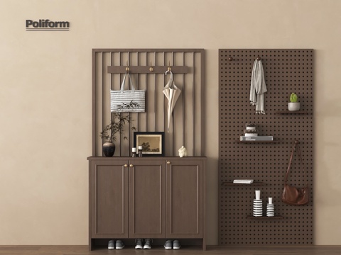 中古风鞋柜 入户鞋柜 玄关柜 挂衣钩 洞洞板su模型