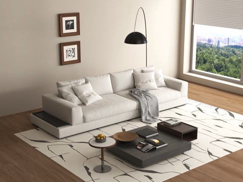 现代奶油风双人沙发 休闲沙发 布艺沙发 茶几 摆件挂画 钓鱼su模型