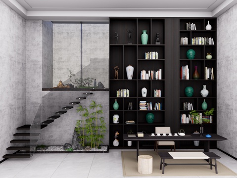 现代地下室茶室 装饰柜茶室柜 挑空层高柜 玻璃扶手 装饰柜su模型