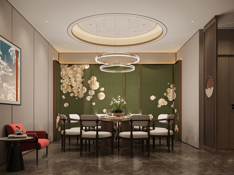 新中式餐厅包厢 酒店包间 餐桌椅su模型