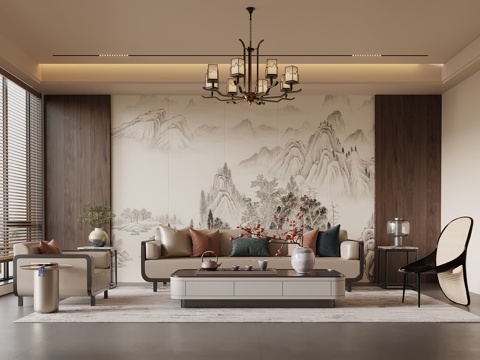 新中式客厅 沙发茶几组合 沙发背景墙su模型