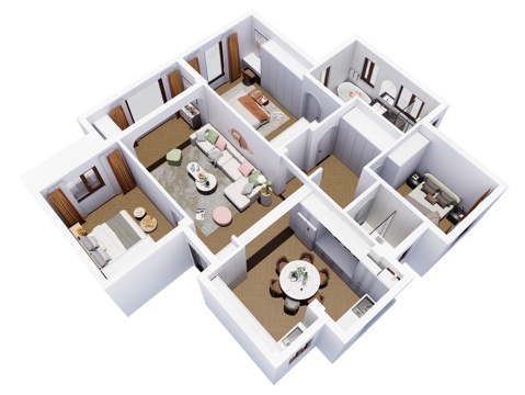 现代简约家装鸟瞰 简约室内家装空间 鸟瞰图 现代家装样板房su模型