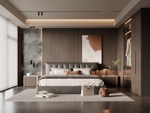 现代意式卧室 主卧 双人床 衣柜su模型