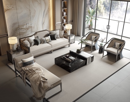  新中式沙发茶几组合沙发背景墙su模型 