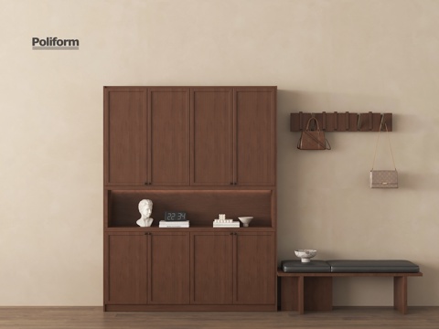 中古风鞋柜 入户鞋柜 高柜 玄关柜 换鞋凳su模型