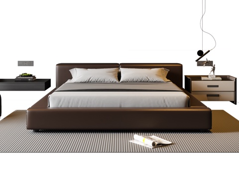  现代意式双人床 皮质双人床 床头柜 吊灯 休闲椅 地毯3d模型 