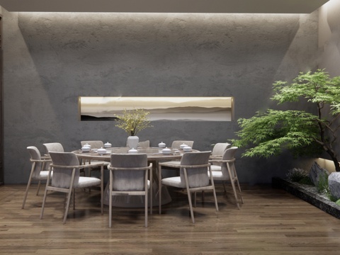 新中式餐厅包厢 酒店包间 餐桌椅su模型