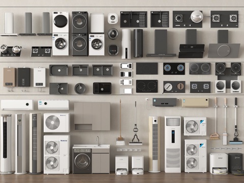 家用电器组合 厨房用品组合 空调 洗衣机su模型