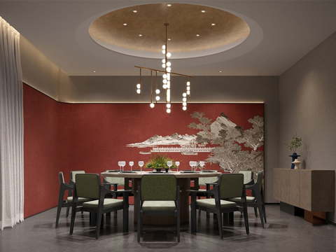 新中式餐厅包厢 酒店包间 餐桌椅su模型