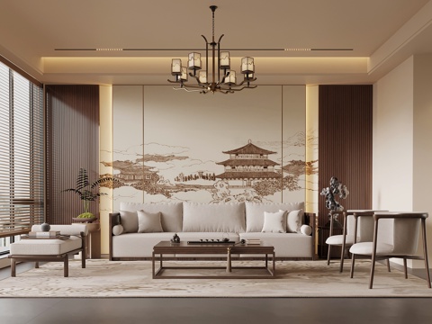 新中式客厅 沙发背景墙 沙发茶几组合su模型