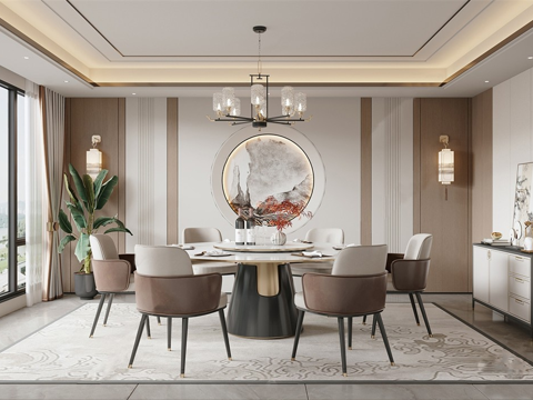 新中式餐厅包厢 酒店包间 餐桌椅su模型