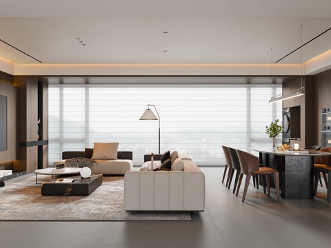 现代意式客餐厅 大平层 沙发茶几 餐桌椅 电视背景墙 餐边柜su模型