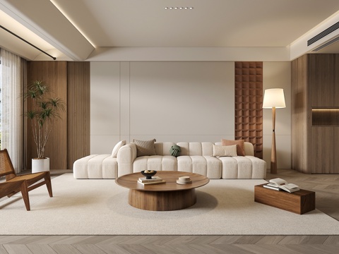 中古侘寂风客厅 沙发茶几组合 绿植 饰品摆件 台灯  背景墙su模型