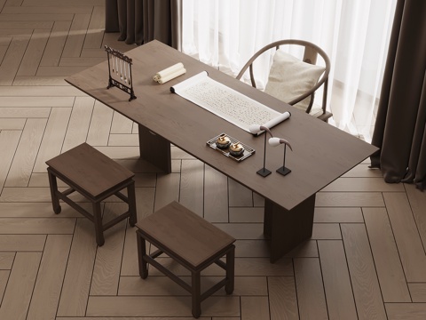 新中式书桌椅 办公桌椅su模型