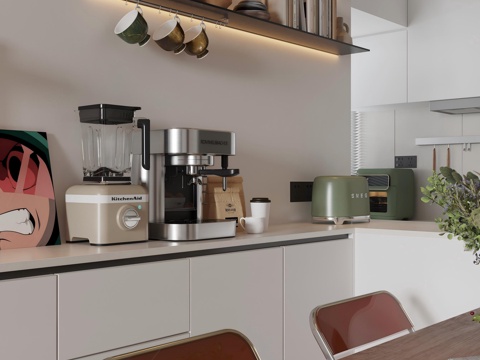 现代厨房电器 咖啡机 破壁机 摆件绿植3d模型