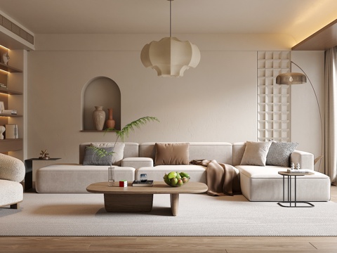 中古侘寂风客厅 沙发茶几组合 绿植 饰品摆件 台灯  背景墙su模型