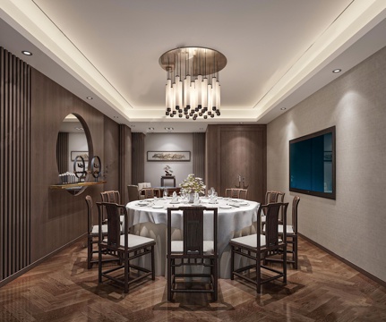 新中式餐厅包厢 酒店包间 餐桌椅su模型