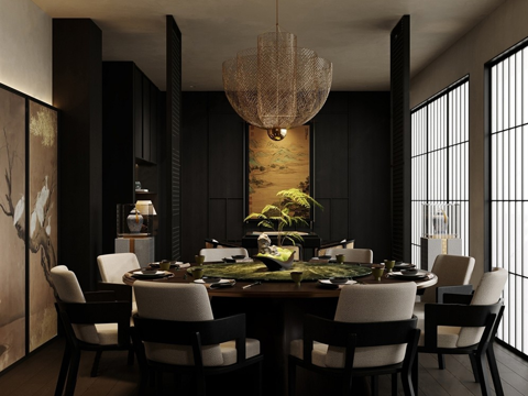 新中式餐厅包厢 酒店包间 餐桌椅su模型