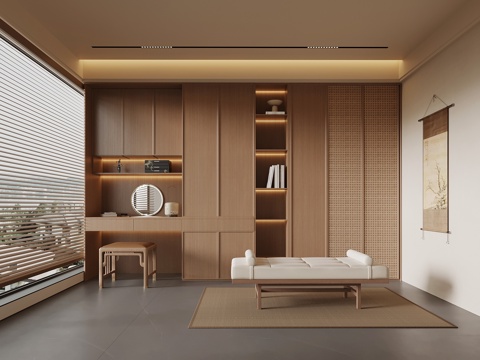 新中式衣帽间 衣柜 梳妆台 换鞋凳su模型