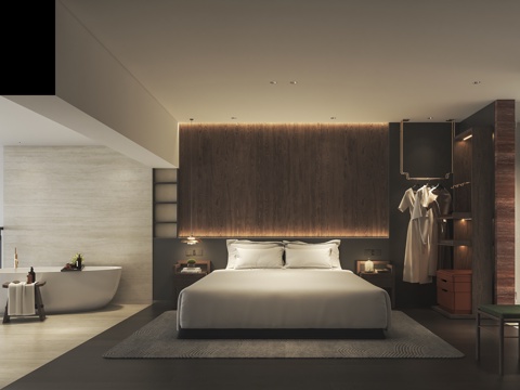  酒店式公寓卧室床浴缸3d模型 