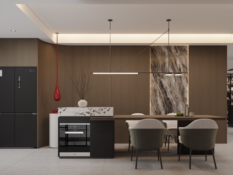  意式轻奢岛台餐厅3d模型 