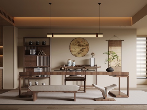 新中式茶室 茶桌椅 博古架su模型