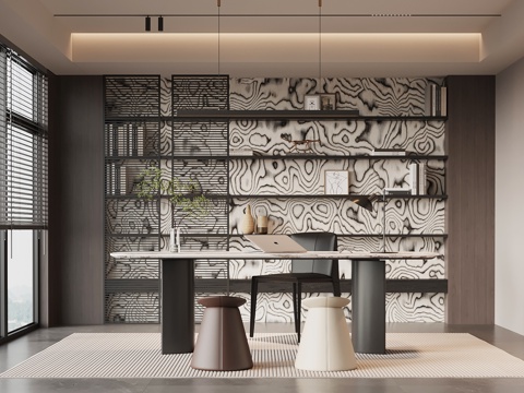 现代意式书房 书桌椅 置物架su模型