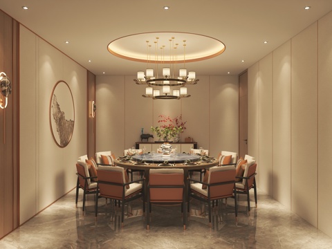  新中式餐厅包房包厢餐桌椅吊灯3d模型 