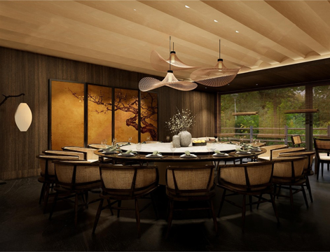 新中式餐厅包厢 酒店包间 餐桌椅su模型