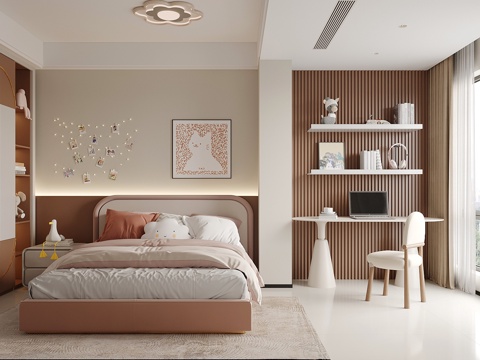 奶油风卧室 儿童房 双人床 书桌椅su模型