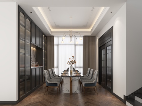  法式餐厅酒柜餐桌椅3d模型 