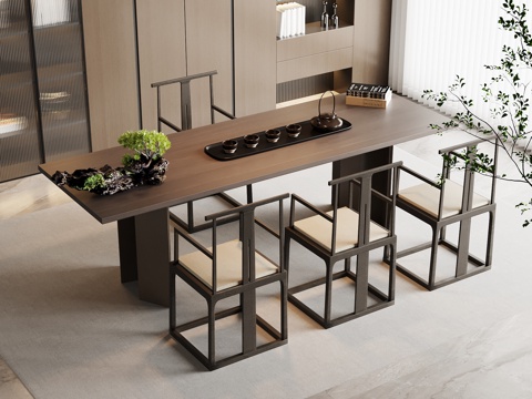 新中式茶桌椅 茶台 茶具su模型