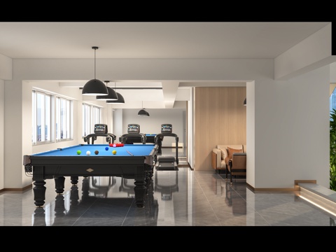  现代休闲娱乐区台球室健身房台球桌跑步机3d模型 