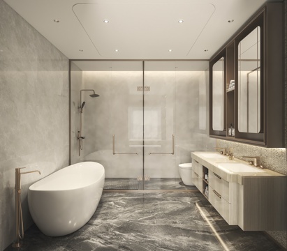  现代轻奢卫生间洗手台浴缸淋浴间镜柜3d模型 