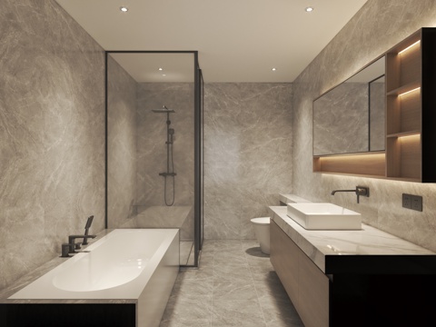  现代卫生间洗手台浴缸淋浴房3d模型 