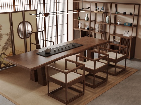新中式茶室 茶桌椅 博古架su模型