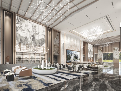  现代售楼部水晶吊灯休闲桌椅沙发3d模型 